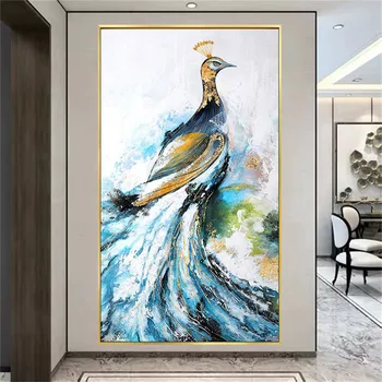 Ручная работа, картина маслом с синим и золотым павлином, абстрактное животное на холсте, художественное изображение Символа богатства, Изображение птицы для домашнего декора стен