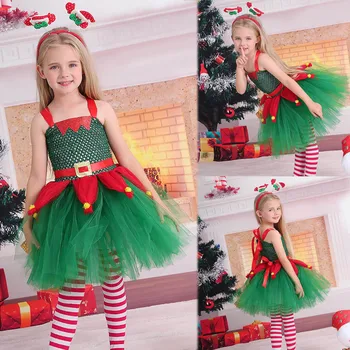 Зеленые Рождественские костюмы эльфа для косплея для детей, Платье-пачка для Рождественской вечеринки для девочек, Детский Праздничный Костюм Эльфа Санта-Клауса Disfraz
