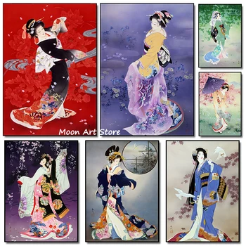 Японский женский плакат в стиле ретро, кимоно Гейши, картина на холсте, HD печать, современные настенные рисунки, украшение гостиной, спальни