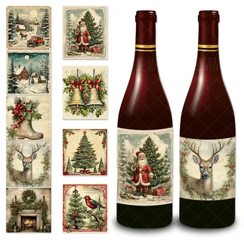 Ретро Рождественские наклейки на бутылку вина, этикетка для бутылок с напитками, бумага для атмосферы Рождественской елки, Рождественский декор, Счастливый Новый Год