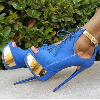 Синие босоножки с открытым носком на шнуровке, на тонком высоком каблуке с неглубокой полостью, Крутая Модная Сексуальная Женская обувь большого размера Zapatillas Mujer
