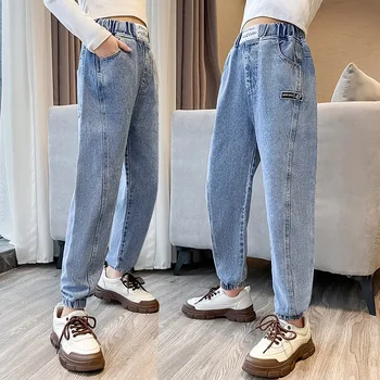 Джинсы для девочек, весна и осень 2023, Новые модные повседневные Детские брюки, Корейские свободные брюки с ножками, Подростковые джинсовые брюки