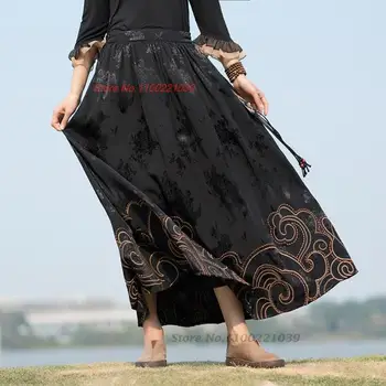 2024 национальная жаккардовая юбка harajuku в винтажном стиле с цветочной вышивкой, миди, эластичная талия, повседневная свободная юбка, восточная винтажная юбка