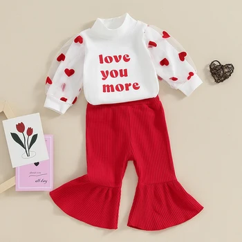 Наряд на День Святого Валентина для маленькой девочки, комбинезон с пышными рукавами и сердечками, красные расклешенные брюки, комплект одежды для новорожденных