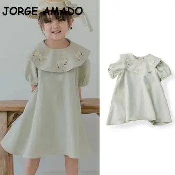 Новое летнее платье для маленьких девочек, мятно-зеленое вышитое платье с большим отворотом и коротким рукавом, Модная свободная одежда для младенцев E23304