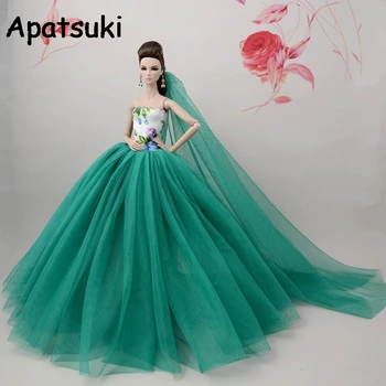 Одежда для куклы в виде зеленого китайского цветка для куклы Барби, платье с длинным хвостом, вечернее платье, Свадебные платья + Аксессуары для куклы с вуалью