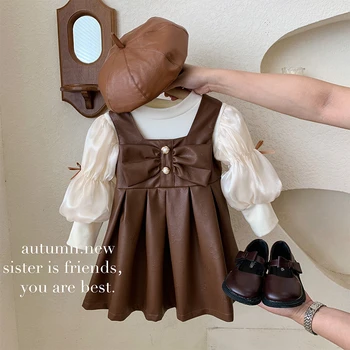 Корейский комплект для девочек Foreigner 2023 Новое весеннее платье для маленьких девочек, весенне-осенняя кожаная юбка, тонкий комплект из двух предметов