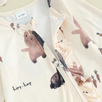 Пасхальный наряд для маленькой девочки, комбинезон с длинными рукавами и кроликом-морковкой, комбинезон на молнии с рюшами, милая одежда для кролика для младенцев