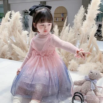 Весенне-осенний свитер для девочек с длинными рукавами, платье принцессы с блестками, Сетчатое градиентное трикотажное платье, детская рубашка с деревянными ушками