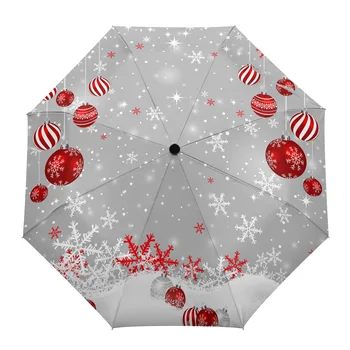 Рождественский Красный Рождественский Шар Снежинки Серый Автоматический Зонт Дорожный Складной Зонт Портативный Зонтик Ветрозащитные Зонты