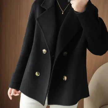Однотонное женское пальто Стильное женское двубортное шерстяное пальто теплого свободного кроя на осень / зиму для официальных деловых поездок на работу