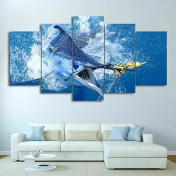 Большая голубая Прыгающая рыба Марлин 5 шт. Холст Настенная художественная живопись Плакат Домашний Декор 5 панелей HD Печать фотографий без рамок 5 шт.