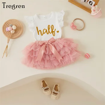 Летние Наряды для новорожденных девочек Tregren, Белый комбинезон с развевающимися рукавами и буквенным принтом + Фатиновая юбка + повязка на голову, 3 шт. Комплекты одежды