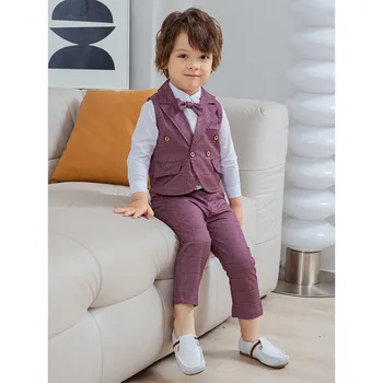 Хлопчатобумажные джентльменские наряды для маленьких мальчиков в британском стиле с бантом + Рубашка + Клетчатый жилет + брюки, 4 шт., одежда для вечеринок