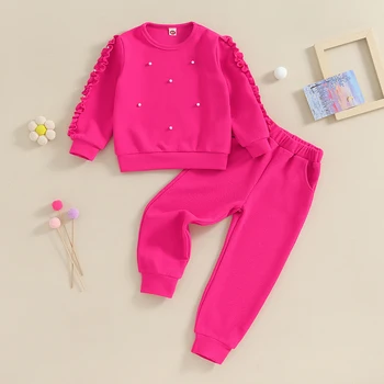 Комплект одежды для малышей из 2 предметов, весенняя одежда для девочек, толстовка с длинными рукавами и жемчужным бисером, штаны, комплект одежды для малышей