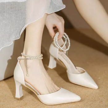 Новый Белый ремешок с жемчугом на щиколотке, Модный дизайн, женские туфли-лодочки на высоком каблуке, Сексуальное платье на шпильке, Свадебные туфли, модельные туфли